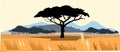 Plains and mountains. African savannah landscape. Silhouette picture. Africa acacia tree. Vector.