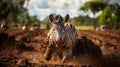 Plains zebra running through muddy mud in Kruger National Park, South Africa Specie Equus quagga burchellii family of Equidae. Royalty Free Stock Photo