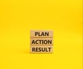 Plan Action Result symbol. Concept words Plan Action Result on wooden blocks. Beautiful yellow background. Business concept and Royalty Free Stock Photo