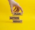 Plan Action Result symbol. Concept words Plan Action Result on wooden blocks. Businessman hand. Beautiful yellow background. Royalty Free Stock Photo