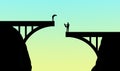 Plan ahead is the theme of this illustration of workmen inspecting a bridge that doesn`t come together in the middle