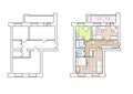 Plan apartments before and after redevelopment. Plan apartments before and after redevelopment with furniture.