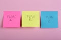 Plan a, plan b or plan c on colorful office stickers on pink background Royalty Free Stock Photo