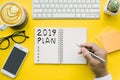 2019 plan,checklist text on notepad with businessman and office