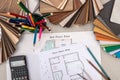 Plan house with wooden models, pencils, pen Royalty Free Stock Photo