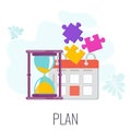 Plan icon. Hourglass, calendar and puzzles. Flat vector illustration. Royalty Free Stock Photo