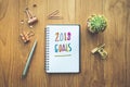 Plan 2018 message with notepad paper on wooden table and supplies