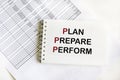 PLAN PREPARE PERFORM text on notepad and white background Royalty Free Stock Photo