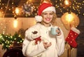 Plan for some interesting Christmas activity. Girl with mug hot beverage relaxing. Things to do before christmas. Woman