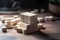 Plan and strategy in business. Wooden block on the workplace. Generative AI