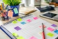 plan tasks with a notebook and sticky notes for great success and schedule Royalty Free Stock Photo