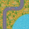 Plan of village. Landscape with the road, forest, lake, cars and houses in the autumn. Royalty Free Stock Photo