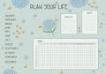 Plan your life set with Wish list, Notes, Goal and habit tracker for the year with months list for stickers, forget-me-nots, bees