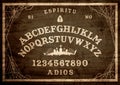 Planchette of Ouija Board on wooden texture. Poster with game of ghosts. Halloween play with calling souls and demons.