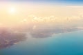 Plane aerial view of Bosphorus strait and  Yavuz Sultan Selim Bridge in Istanbut Turkey. Scenic  dramatic sunset cloudy sky over Royalty Free Stock Photo