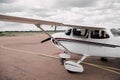 Plane at aerodrome under cloudy overcast sky