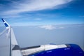 A plane in the air, taken from inside the airplane. Cloud view from plane. Creative plane shot