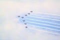 Plane aircraft aerobatics exhibition of Patrouille de France at french international meeting Royalty Free Stock Photo