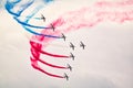 Plane aircraft aerobatics exhibition of Patrouille de France at french international meeting Royalty Free Stock Photo