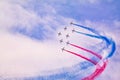 Plane aircraft aerobatics exhibition of Patrouille de France at french international meeting Royalty Free Stock Photo