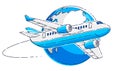 Plane airliner with earth planet, airlines air travel emblem or illustration. Beautiful thin line vector isolated over white