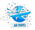 Plane airliner with earth planet and ribbon with typing, airline