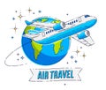 Plane airliner with earth planet and ribbon with typing, airlines air travel emblem or illustration. Beautiful thin line vector