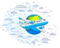 Plane airliner with earth planet in the sky surrounded by clouds, airlines air travel illustration. Beautiful thin line vector