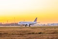 Plane at the airport at sunset. Flight cancellation. The ban on flights . Coronavirus. Russia, Saint Petersburg 22