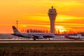Plane at the airport at sunset. Flight cancellation. The ban on flights . Coronavirus. Russia, Saint Petersburg 22