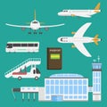 Plane airport transport symbols flat design illustration station concept air port symbols departure luggage plane