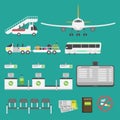 Plane airport transport symbols flat design illustration station concept air port symbols departure luggage plane