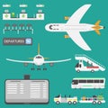 Plane airport transport symbols flat design illustration station concept air port symbols departure luggage plane