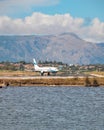 Plane approaching Corfu Ioannis Kapodistrias international airport Royalty Free Stock Photo