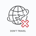 Plane around Earth line icon. Vector outline illustration of airplane on the globe orbit. Worldwide travelling not Royalty Free Stock Photo