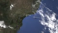 Airplane flying to Santos, Brazil on the map, 3D rendering