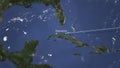 Plane arrives to Havana, Cuba from east, 3D rendering