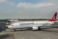 Plane of Boeing 737-800 of Turkish airlines, taxing at Vaclav Havel Airport Prague, Czech