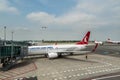 Plane of Boeing 737-800 of Turkish airlines,  taxing at Vaclav Havel Airport Prague, Czech. Royalty Free Stock Photo