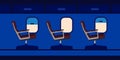 Plane cabin passenger seat illustration vector. Blue travel aircraft cartoon interior jet with window. Flat chair inside economy