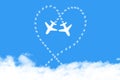 Plane on cloud shaped business concept, partnership as heart airplane line path connected together shaped as feeling of teamwork