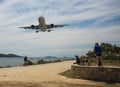 Plane coming in to land on Skiathos island in Greece