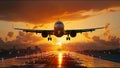 Plane Commercial Airliner Passenger Jet Landing Airport In Sunset Royalty Free Stock Photo