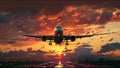 Plane Commercial Airliner Passenger Jet Landing Airport In Sunset Royalty Free Stock Photo