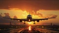 Plane Commercial Airliner Passenger Jet Landing Airport In Sunset Royalty Free Stock Photo