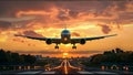 Plane Commercial Airliner Passenger Jet Landing Airport In Sunset Royalty Free Stock Photo