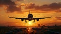 Plane Commercial Airliner Passenger Jet Landing Airport In Sunset Royalty Free Stock Photo