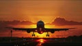 Plane Commercial Airliner Passenger Jet Landing Airport In Sunset Royalty Free Stock Photo