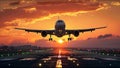 Plane Commercial Airliner Passenger Jet Landing Airport In Sunset Royalty Free Stock Photo