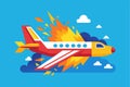 Plane crash concept in vibrant flat vector style showing an aircraft experiencing an explosion in the sky with clouds and bright Royalty Free Stock Photo